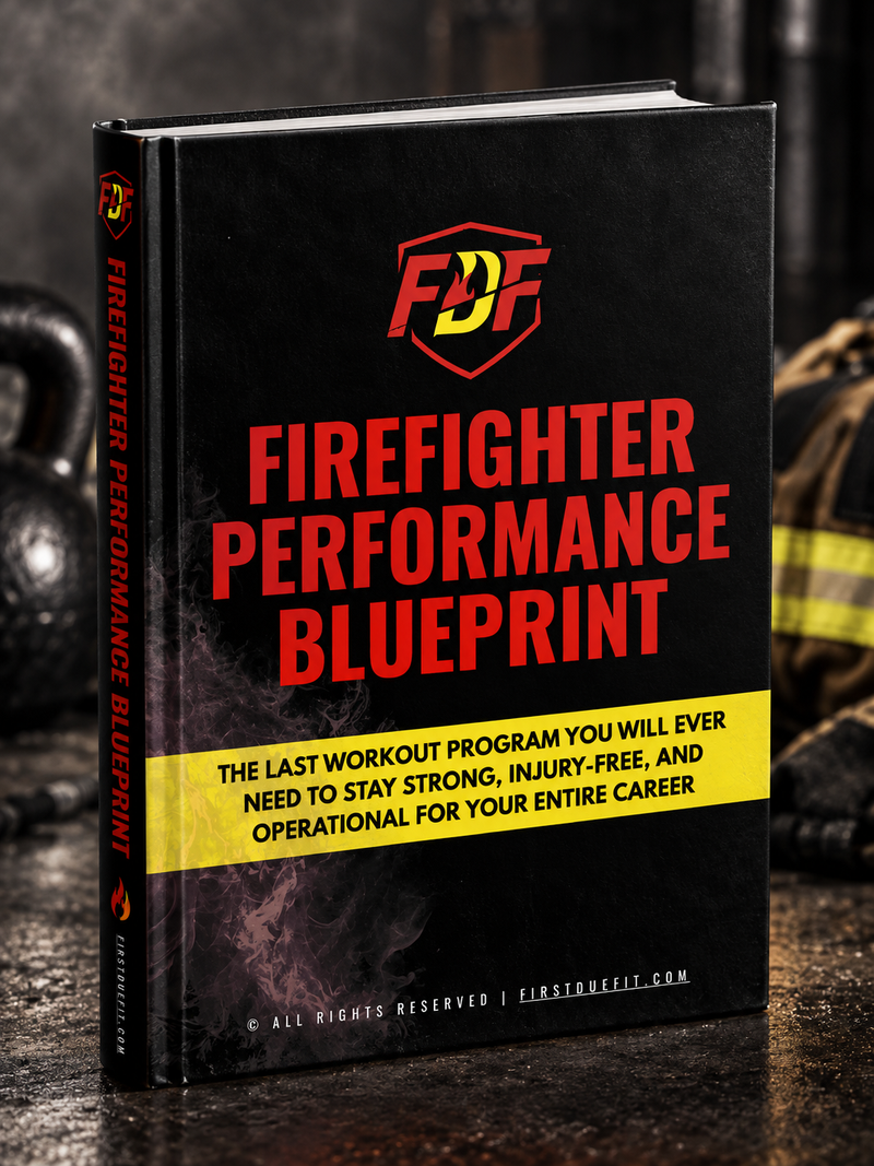 Firefighter Performance Blueprint book mockup in a firehouse