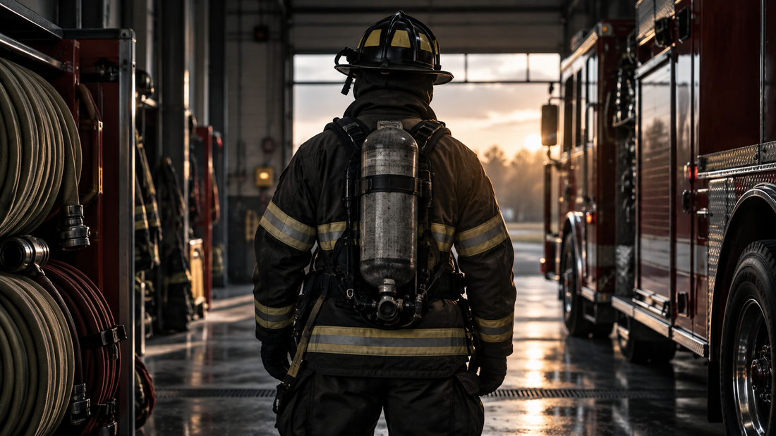 Illustration of a firefighter in turnout gear in a firehouse apparatus bay