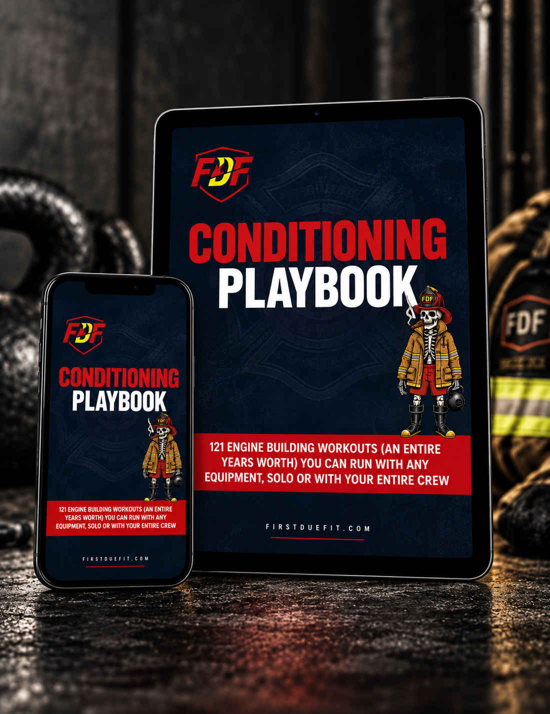 Conditioning Playbook displayed on a tablet and phone in a firehouse